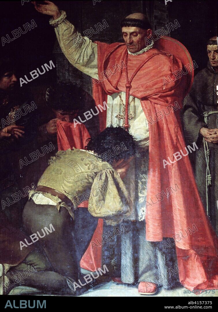 FRANCISCO JOVER Y CASANOVA (1836-1890). CISNEROS, CARDENAL (FRANCISCO XIMENEZ) ECLESIASTICO Y POLITICO ESPAÑOL. TORRELAGUNA 1416-1517 " EL CARDENAL CISNEROS CON LOS CAUTIVOS DE ORAN " OLEO DE FRANCISCO JOVER . DETALLE PALACIO DEL SENADO. MADRID.