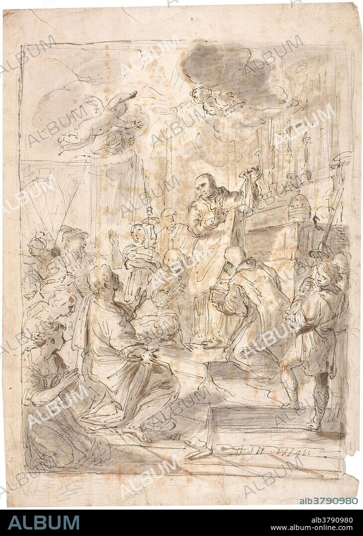 Corrado Giaquinto / 'The Mass of Saint Gregory'. XVIII century. Grey-brown wash, Pencil, Pencil strokes on white paper.