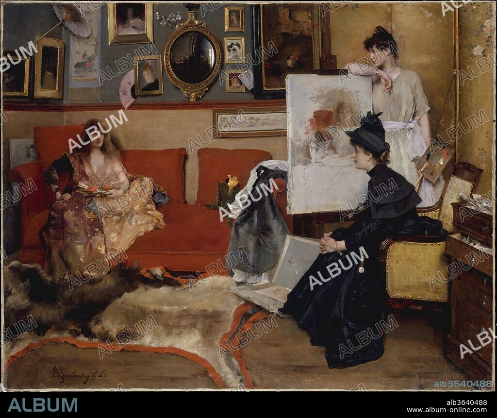 In the Studio. Artist: Alfred Stevens (Belgian, Brussels 1823-1906 Paris). Dimensions: 42 x 53 1/2 in. (106.7 x 135.9 cm). Date: 1888.
By the time Stevens exhibited this painting at the Salon of 1892, his status as the consummate painter of chic, Parisian femininity was well-established. The winsome trio of model, artist, and a visitor are posed in what may be Stevens's own studio, which was known for its stylish arrangement of luxurious collectibles; on the easel is his version of <i>Salomé</i>, based on Regnault's famous painting of 1870 (now hanging in gallery 804). The open portfolio, pictures-within-a-picture, and mirror (reflecting a mundane coal stove) present an elaborate play on the relationship between art and reality.