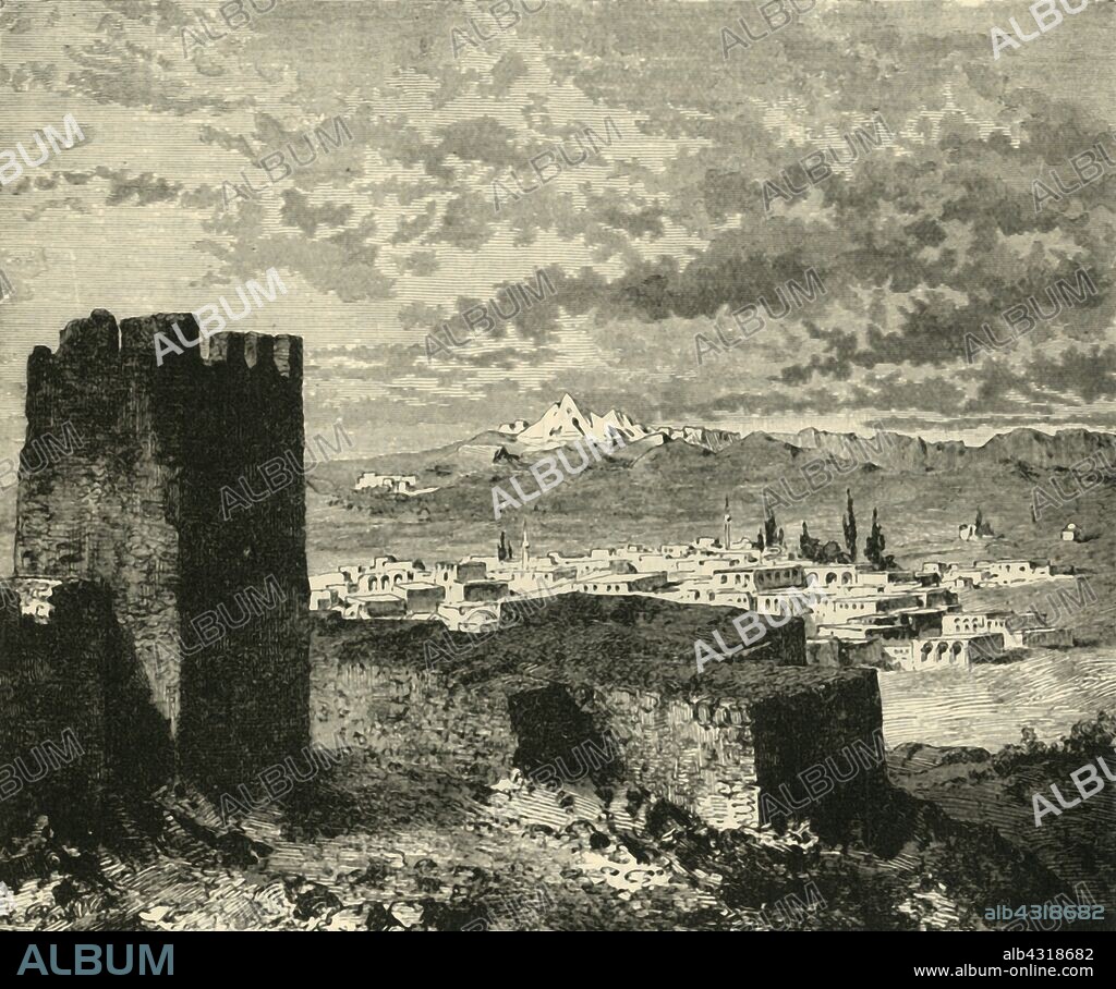 'Caesarea, in Cappadocia', 1890. Kayseri in Central Anatolia, Turkey, was destroyed by Sassanid king Shapur I after victory over Emperor Valerian I in AD 260 but gradually recovered and became home to several early Christian saints. Kayseri Castle was built  c238-244AD. From "Cassell's Illustrated Universal History, Vol. III - The Middle Ages", by Edmund Ollier. [Cassell and Company, Limited, London, Paris and Melbourne, 1890. ].