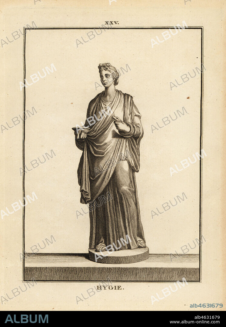 Hygieia, Greek and Roman goddess of health and cleanliness, daughter of the god of medicine Asclepius. Copperplate engraving by Francois-Anne David from Museum de Florence, ou Collection des Pierres Gravees, Statues, Medailles, Chez F.A. David, Paris, 1787. David (1741-1824) drew and engraved the illustrations based on Roman statues, engraved stones and medals in the collection of the Museum de Florence and the cabinet of curiosities of the Grand Duke of Tuscany.