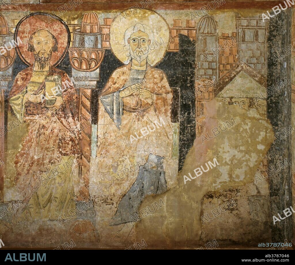 ANÓNIMO. Anónimo / 'Dos apóstoles. Pintura mural de la ermita de la Vera Cruz de Maderuelo'. Siglo XII. Pintura al fresco sobre revestimiento mural trasladado a lienzo, 185 x 220 cm.