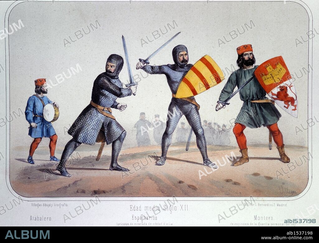 Edad Media. Tabalero, Espatharios y Montero de Espinosa de la Guardia del Rey. Dibujo de Villegas. Lámina número 10 del ALBUM DE LA INFANTERIA ESPAÑOLA del Teniente General Conde de Clonard. Litografía Militar, Madrid, año 1861.
