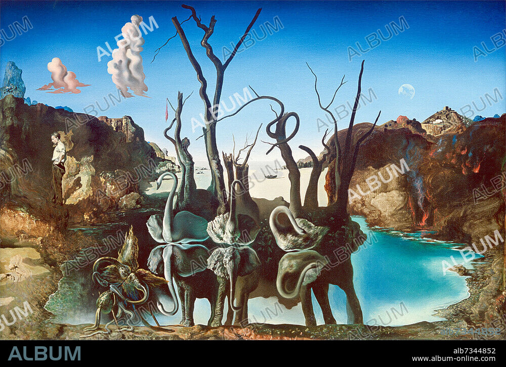 SALVADOR DALÍ. Dalí, Salvador; 1904-1989. "Cygnes réfléchis en éléphants" (Schwäne spiegeln Elefanten wider), 1937. Öl auf Leinwand, 51 × 77 cm. Privatsammlung.