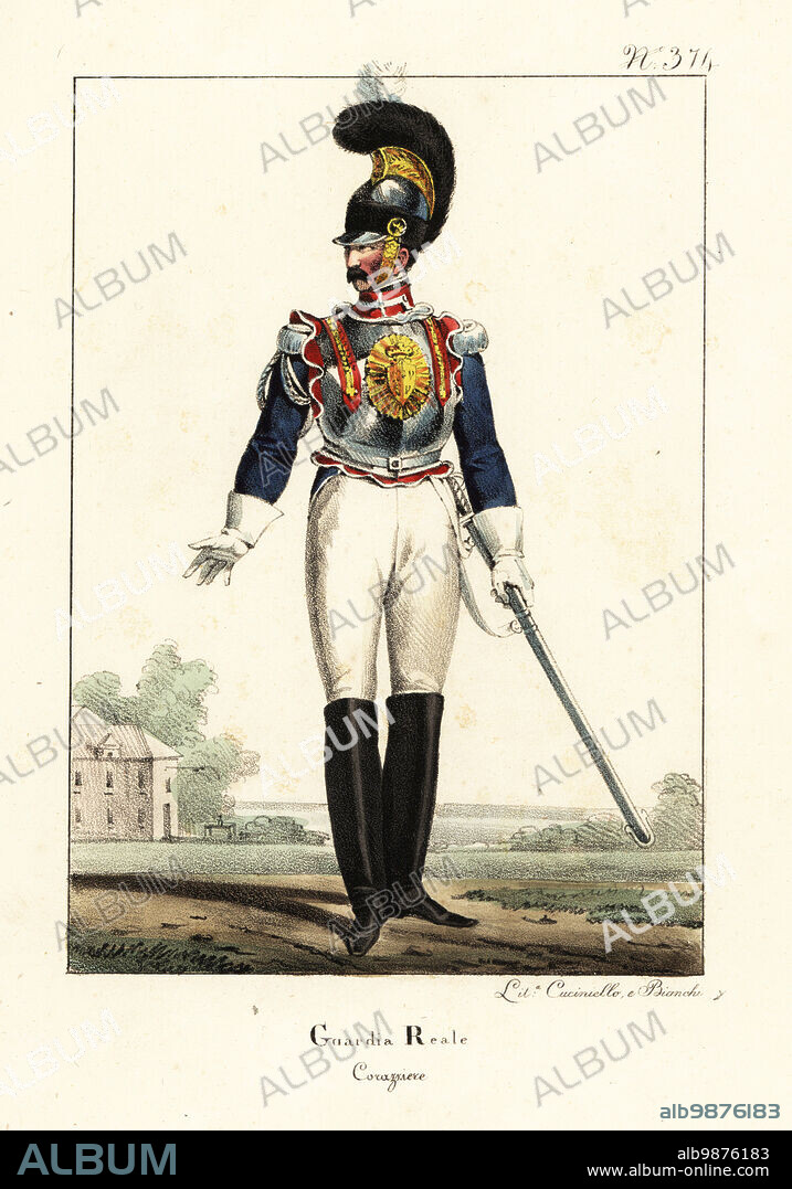 Uniform of a Cuirassier of the French Royal Guard, Bourbon Restoration. In dragoon's helmet with brush, ornate cuirasss, blue coat with silver epaulettes, breeches, boots, armed with sword. Garde Royale, Cuirassier. Handcoloured lithograph by Lorenzo Bianchi and Domenico Cuciniello after Hippolyte Lecomte from Costumi civili e militari della monarchia francese dal 1200 al 1820, Naples, 1825. Italian edition of Lecomtes Civilian and military costumes of the French monarchy from 1200 to 1820.
