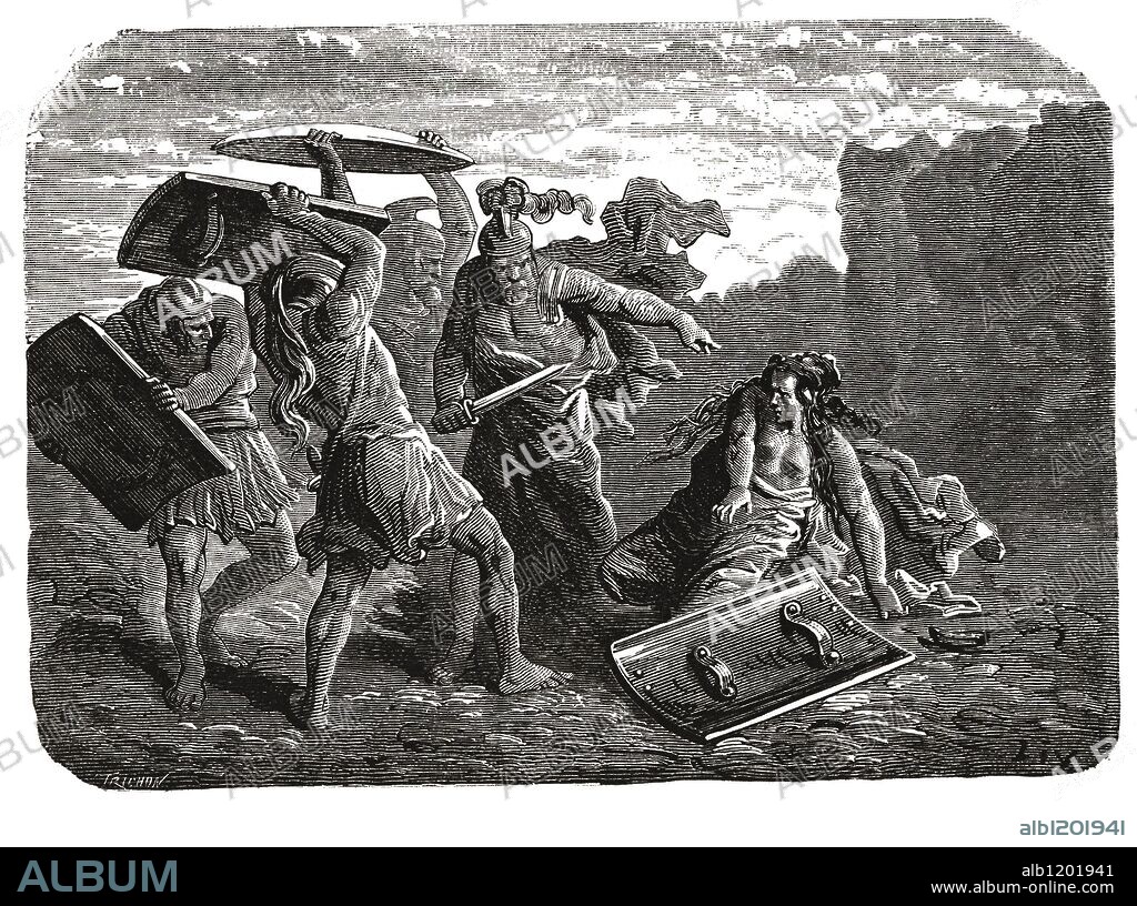 Tarpeya. Vestal romana. Durante el asedio de los sabinos al Capitolio traicionó a los romanos y fue muerta por los sabinos, aplastándola con sus pesados escudos y arrojada desde la roca Tarpeya. Grabado de 1866.