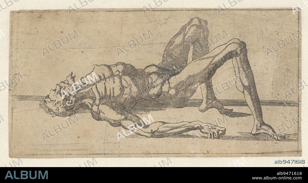 Naked man, lying on his back, Naked man, lying on his back, head to the left, with knees raised., print maker: Juste de Juste, (attributed to), France, c. 1535 - c. 1559, paper, etching, engraving, height 104 mm × width 203 mm.