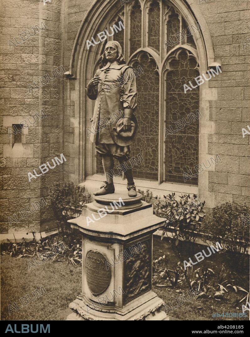 'Milton's Statue Outside His Own Burial-Place in the City', c1935. Sculpture of the English poet John Milton (1608-1674) at the church of St Giles Cripplegate in the City of London. Milton worshipped at the church and is buried there. The bronze statue was designed by Horace Montford and erected in 1904. From "Wonderful London, Volume 2", edited by Arthur St John Adcock. [The Fleetway House, London, c1935].