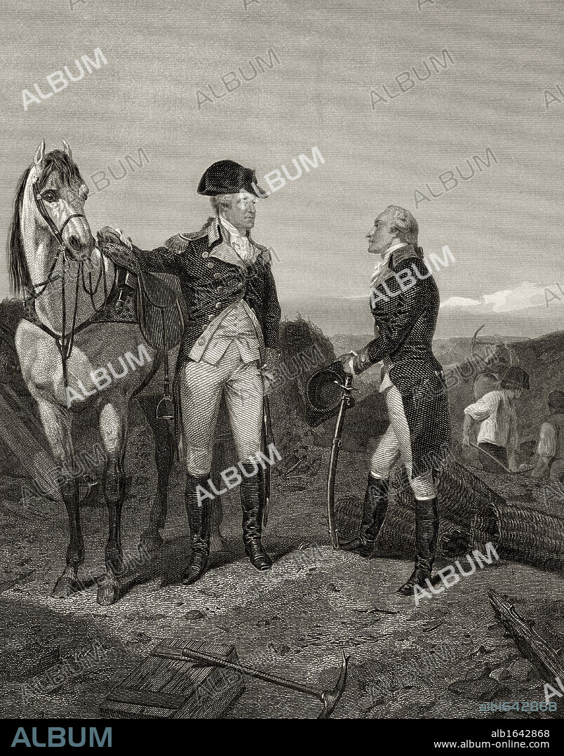 First meeting of George Washington 1732 to 1799 with Alexander Hamilton 1755 or 1757 to 1804 After Alonzo Chappel from Life and Times of Washington Volume 1 published 1857.
