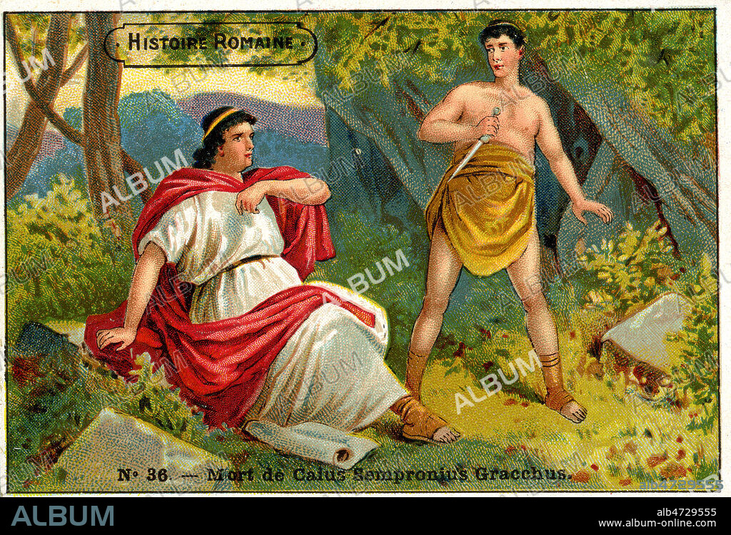 Mort de Caius Sempronius GRACCHUS (-154 a -120), tue par son esclave pour avoir voulu reformer le systeme social romain avec son frere Tiberius (les Gracques). Illustration anonyme vers 1890 pour un chromo publicitaire de la serie Histoire romaine. Credit : Coll. Jonas/KHARBINE-TAPABOR.