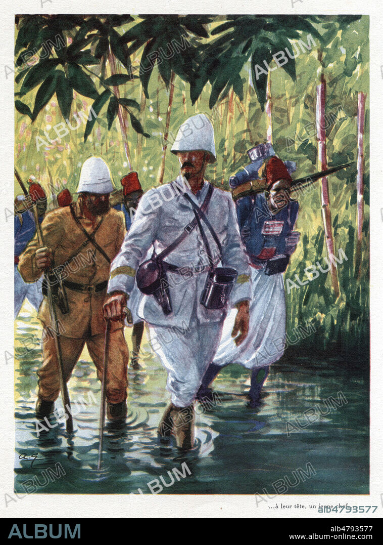 Emile GENTIL (1866-1914) sur les bords du fleuve Congo. Illustration de 1941 par Andre GALLAND (1886-1965) pour Les coloniaux francais illustres par Marcel SOUZY. ADAGP. Credit : Collection Jonas/Kharbine-Tapabor.