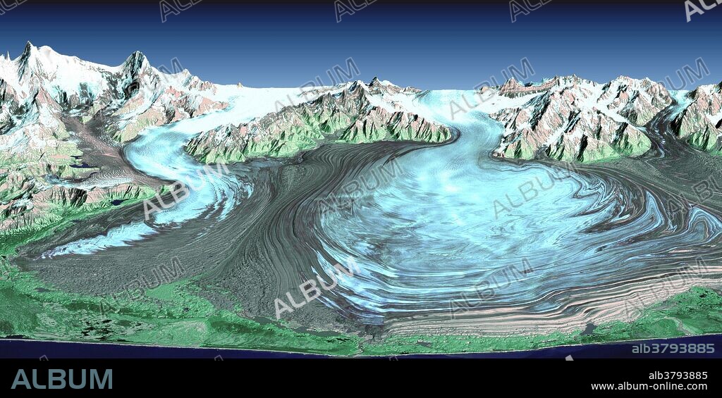Malaspina Glacier in southeastern Alaska is considered the classic example of a piedmont glacier. Piedmont glaciers occur where valley glaciers exit a mountain range onto broad lowlands and spread to become wide lobes. Malaspina Glacier is actually a compound glacier, formed by the merger of several valley glaciers. In total, Malaspina Glacier is up to 40 miles wide and extends up to 28 miles from the mountain front nearly to the sea. This perspective view was created from a Landsat satellite image and an elevation model generated by the Shuttle Radar Topography Mission (SRTM). The SRTM mission, launched aboard the Space Shuttle Endeavour on February 11, 2000, was designed to collect three-dimensional measurements of the Earth's surface. Landsat views both visible and infrared light, which have been combined here into a color composite that generally shows glacial ice in light blue, snow in white, vegetation in green, bare rock in grays and tans, and the ocean (foreground) in dark blue. The back (northern) edge of the data set forms a false horizon that meets a false sky.