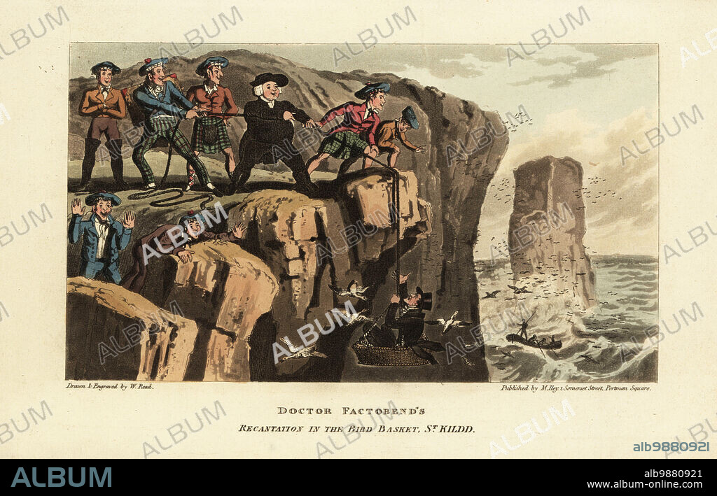 English tourist riding in a bird basket in a gannet or guga hunt on the isle of St. Kilda, Outer Hebrides, Scotland. Doctor Factobends recantation in the bird basket, St. Kildd. Handcoloured copperplate engraving drawn and engraved by William Read from William Combes The Tour of Doctor Prosody, in search of the Antique and the Picturesque, through Scotland, the Hebrides, the Orkney and Shetland Isles, Matthew Illy, London, 1821.