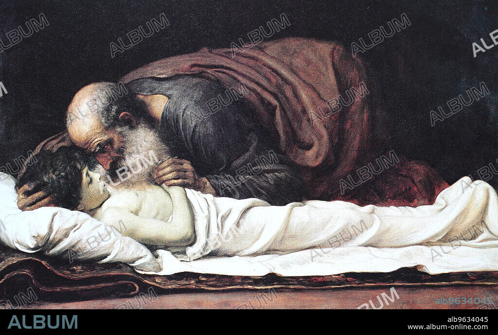 Elisha raises the son of the Sunamite widow, Elisha promises a son to the Shunemite woman and raises the dead child, painting by Frederick Lord Leighton (1830-1896), Historic, digitally restored reproduction of a 19th century original, exact original date unknown.