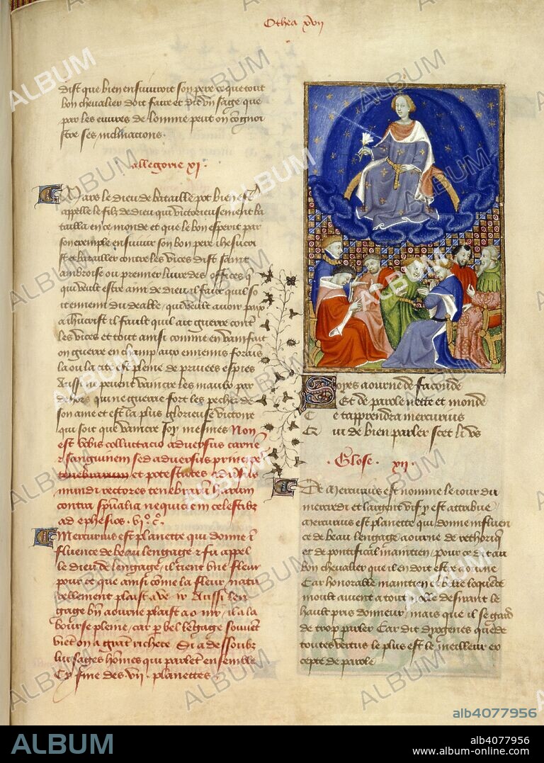 CHRISTINE DE PISAN and MASTER OF THE CITÃ© DES DAMES. Mercury inspires eloquence. Collected Works of Christine de Pisan. France (Paris); 1410-1411. (Whole folio) Mercury, holding a flower as symbol of eloquence, inspiring the speech of learned men.Text beginning with decorated 'S' From L'EpÃ®tre d'OthÃ©a.  Image taken from Collected Works of Christine de Pisan.  Originally published/produced in France (Paris); 1410-1411. . Source: Harley 4431, f.102. Language: French.
