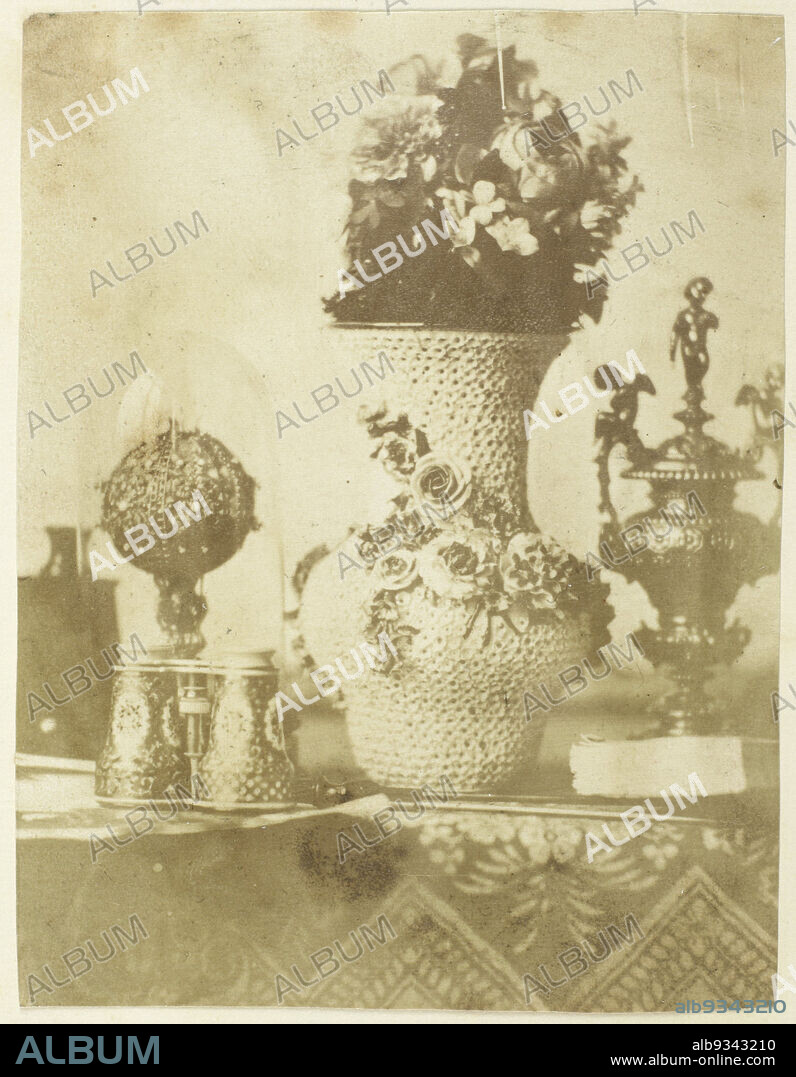 Still life with various attributes, viewer, a Brewster stereoscope, Meissen 'Schneeball vase', flowers, silver trophy cup and a book, Eduard Isaac Asser, Amsterdam, c. 1852, paper, salted paper print, height 115 mm × width 88 mm.
