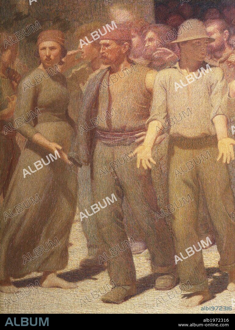 The fourth state, 1901, by Giuseppe Pellizza da Volpedo (1868-1907), oil on canvas, 293x545 cm. Detail.