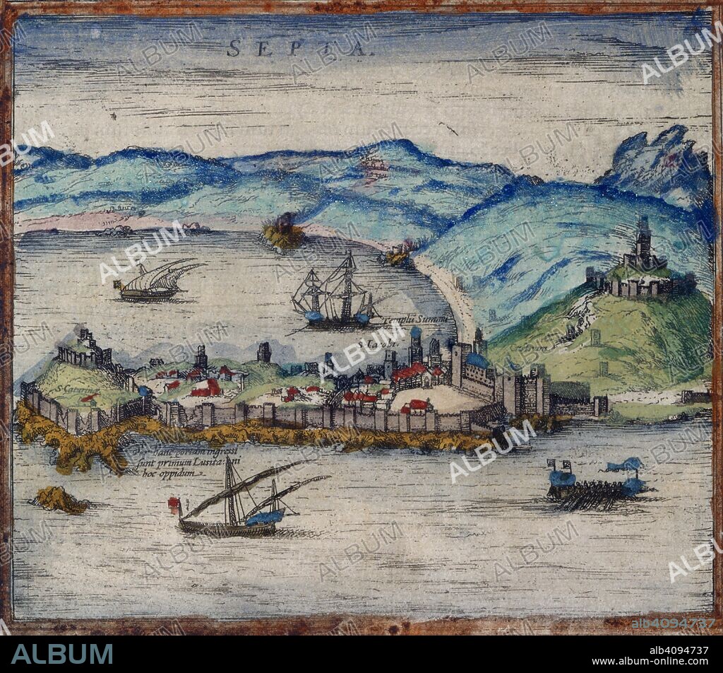 Ceuta. Civitates Orbis Terrarum. Cologne, 1582. Ceuta, an enclave in Morroco on the strait of Gibralter, consisting of a port and military station; held by Spain since 1580.  Image taken from Civitates Orbis Terrarum.  Originally published/produced in Cologne, 1582. . Source: 215.f.1,.