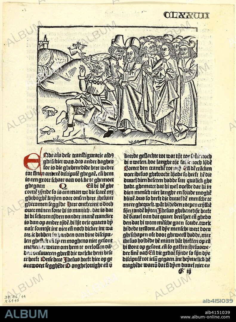 Christ, after His Transfiguration, Exorcises the Devil from the Lunatic, from Leven Christi (Life of Christ), Plate 44 from Woodcuts from Books of the 15th Century. Unknown Artist (Gouda or Antwerp, late 15th century); printed and published by Pieter van Os (Netherlandish, active c. 1479-1496); original text by Ludolphus de Saxonia (German, c. 1295-1378); portfolio text by Wilhelm Ludwig Schreiber (German, 1855-1932). Date: 1495. Dimensions: 96 x 130 mm (image); 241 x 188 mm (sheet). Woodcut in black, and letterpress in black with rubrication (recto and verso), on cream laid paper. Origin: Netherlands.