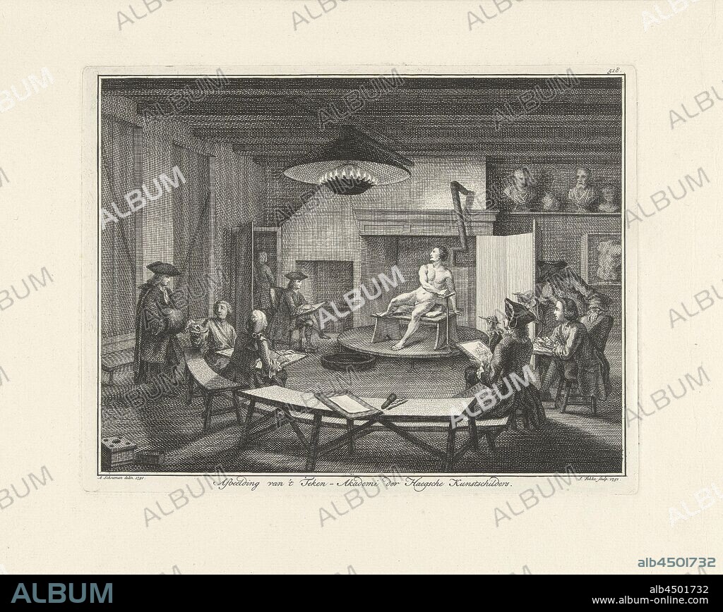 The Hague Drawing Academy Image of 't Teken-Akademi der Haegsche Art Painters (title on object), Room in which figures with drawing utensils sit around a nude model. Against the wall on the right in the background are busts and an image of a torso., Place of institution of education and training of the artist, eg .: academy of art, drawing lesson, Simon Fokke (mentioned on object), Amsterdam, 1751, paper, etching, h 167 mm × w 218 mm.