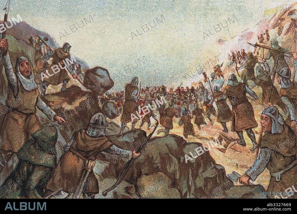 Historia de España. Batalla de Roncesvalles el 15 de agosto de 778, en la que la retaguardia del ejército de Carlomagno, rey de los francos,  mandada por Roldán fue diezmada en una emboscada efectuada por vascones.