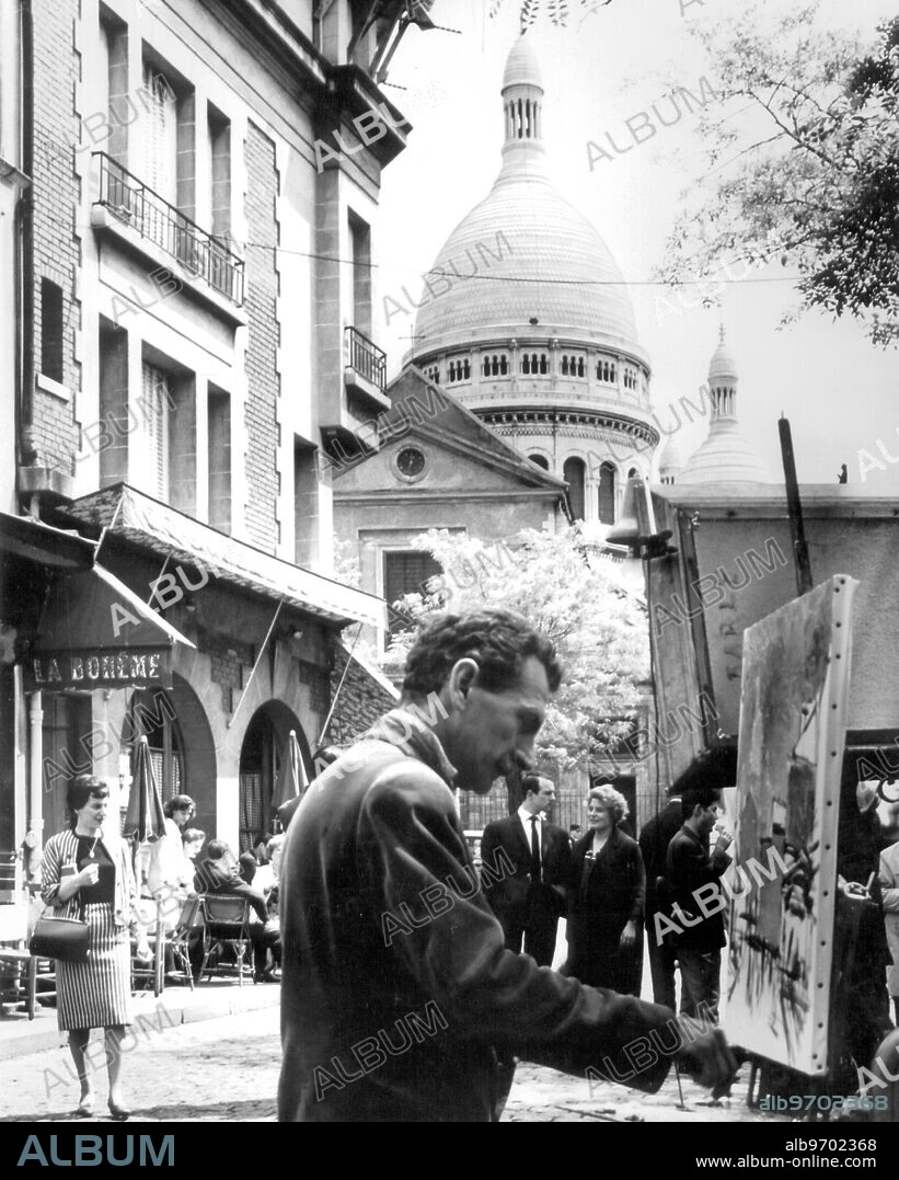 Place du Tertre and Sacre Coeur, Monmartre, Paris in 1950s.