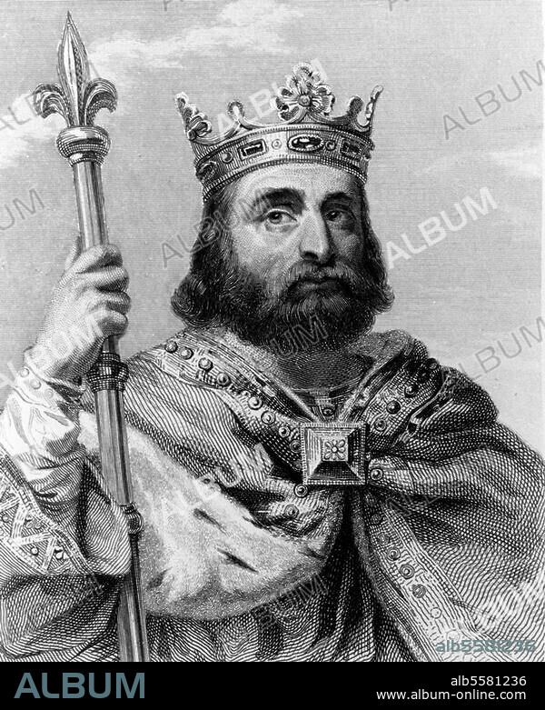 Pippin (Pépin) III. der Jüngere (der Kleine); König der Franken (752-68); Jupille 714 - Saint-Denis 24.9.768. Porträt. Stahlstich, 1845, von Delannoy nach Gemälde, um 1837, von Louis Félix Amiel (1802-1864). Aus: Ch. Gavard, Galeries Historiques de Versailles.