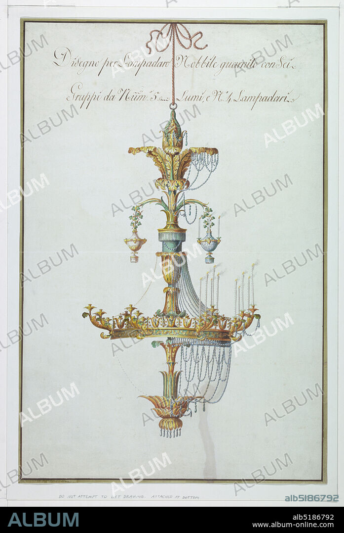 Design for a Chandelier, Pen and brown ink, brush and watercolor, green wash on paper, Vertical rectangle. Design for a chandelier made up of four sections. Above, suspended on a vine branch with stick, two vases, alternative suggestions, with a ring for candles. Chains and pendants of crystal. These and the candles are in general only drawn of the right half. Suspended, with a cord, above a knob. The edges are colored dark olive with inside a border line. Inscription in the upper part of the sheet., Rome, Italy, late 18th century, lighting, Drawing, Drawing.