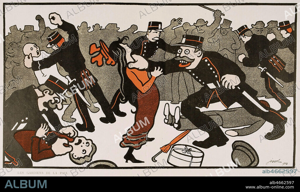 'Les gardiens de la paix' : des gendarmes tabassent des passants. Caricature par JOSSOT (1866-1951) pour la revue satirique L'assiette au Beurre du 13 fevrier 1904 intitulee Circulez. Credit : Collection KHARBINE-TAPABOR.