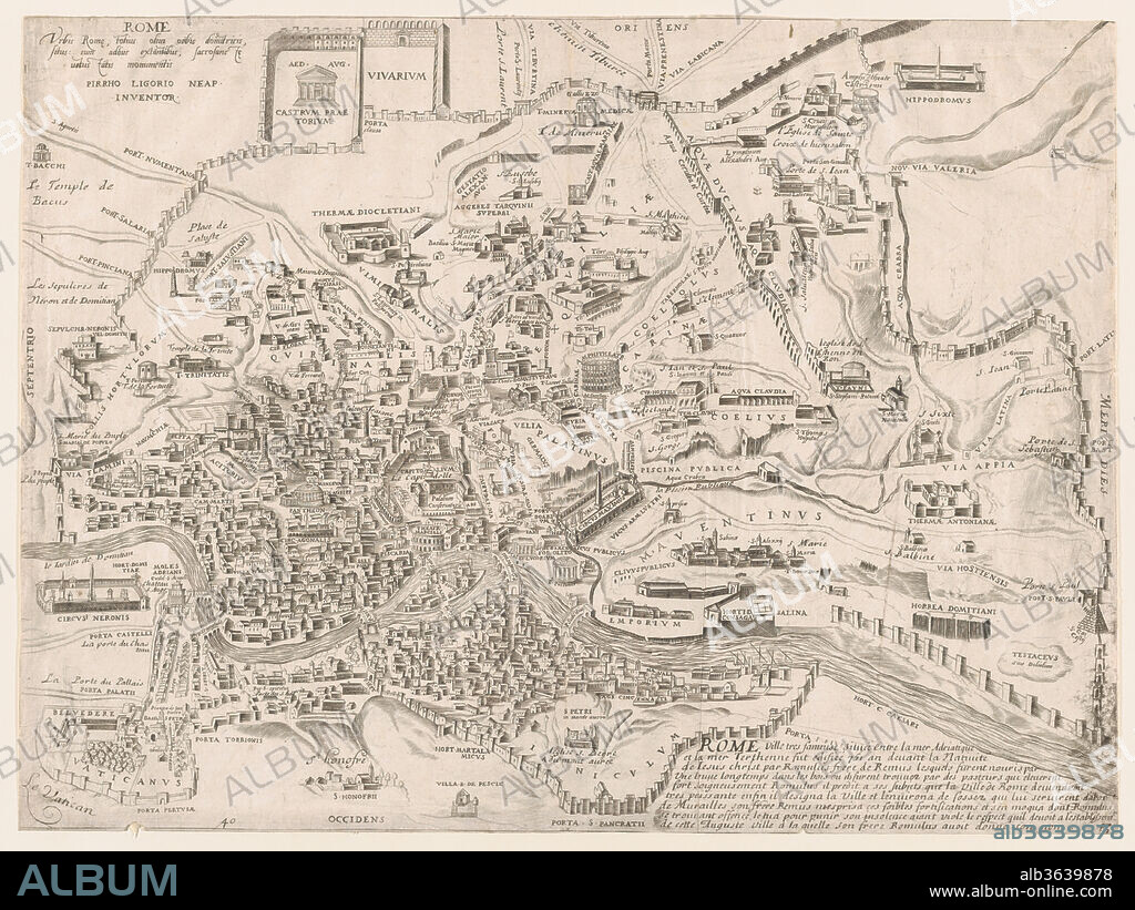 Speculum Romanae Magnificentiae: Plan of Ancient Rome. Artist: Pirro Ligorio (Italian, Naples ca. 1512/13-1583 Ferrara). Dimensions: sheet: 15 9/16 x 21 1/16 in. (39.5 x 53.5 cm). Series/Portfolio: Speculum Romanae Magnificentiae. Date: 16th century.
This print comes from the museum's copy of the Speculum Romanae Magnificentiae (The Mirror of Roman Magnificence) The Speculum found its origin in the publishing endeavors of Antonio Salamanca and Antonio Lafreri. During their Roman publishing careers, the two foreign publishers - who worked together between 1553 and 1563 - initiated the production of prints recording art works, architecture and city views related to Antique and Modern Rome. The prints could be bought individually by tourists and collectors, but were also purchased in larger groups which were often bound together in an album. In 1573, Lafreri commissioned a title page for this purpose, which is where the title 'Speculum Romanae Magnificentiae' first appears. Lafreri envisioned an ideal arrangement of the prints in 7 different categories, but during his lifetime, never appears to have offered one standard, bound set of prints. Instead, clients composed their own selection from the corpus to be bound, or collected a group of prints over time. When Lafreri died, two-third of the existing copper plates went to the Duchetti family (Claudio and Stefano), while another third was distributed among several publishers. The Duchetti appear to have standardized production, offering a more or less uniform version of the Speculum to their clients. The popularity of the prints also inspired other publishers in Rome to make copies however, and to add new prints to the corpus. 
The museum's copy of the Speculum entered the collection as a group of 3 albums with inlaid engravings and etchings. The prints have since been removed, but the original place of each print within the album is contained in the accession number: 41.72(volume.place).
Originally volume 1, plate 7 in the scrapbook.