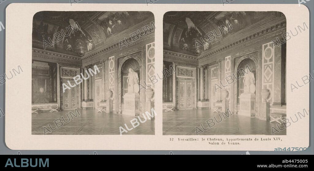 Interior of the Salon of Venus in the Palace of Versailles Versailles: le Chateau, Appartements de Louis XIV, Salon of Venus (title on object), interior, representation of a building, drawing room, 'salon', sculpture, Neue Photographische Gesellschaft (mentioned on object), Paleis van Versailles, 1903, cardboard, photographic paper, gelatin silver print, h 88 mm × w 179 mm.