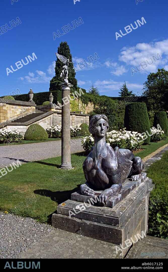 ENGLAND Oxfordshire Woodstock Blenheim Palace. Sphinx statue in lower water terrace.