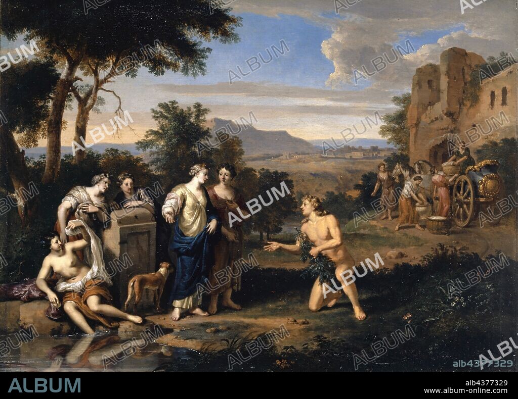 Odysseus and Nausicaa in an Arcadian landscape, oil on panel, 29 x 39 cm, signed on the stele: G.Hoet., Gerard Hoet, Zaltbommel 1648–1733 Den Haag.