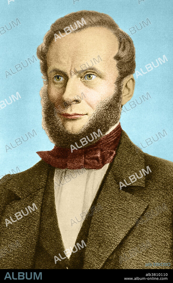 Color enhanced portrait of Rudolf Julius Emanuel Clausius (1822-1888) a German mathematical physicist who, through his study of the mechanical theory of heat, made thermodynamics a science. His most important paper, 'Uber die bewegende Kraft der Warme' ('On the Moving Force of Heat and the Laws of Heat which may be Deduced Therefrom'), was published in 1850 and first stated the basic ideas of the second law of thermodynamics, which notes the tendency towards disorder within closed systems as potential energy is dispersed.