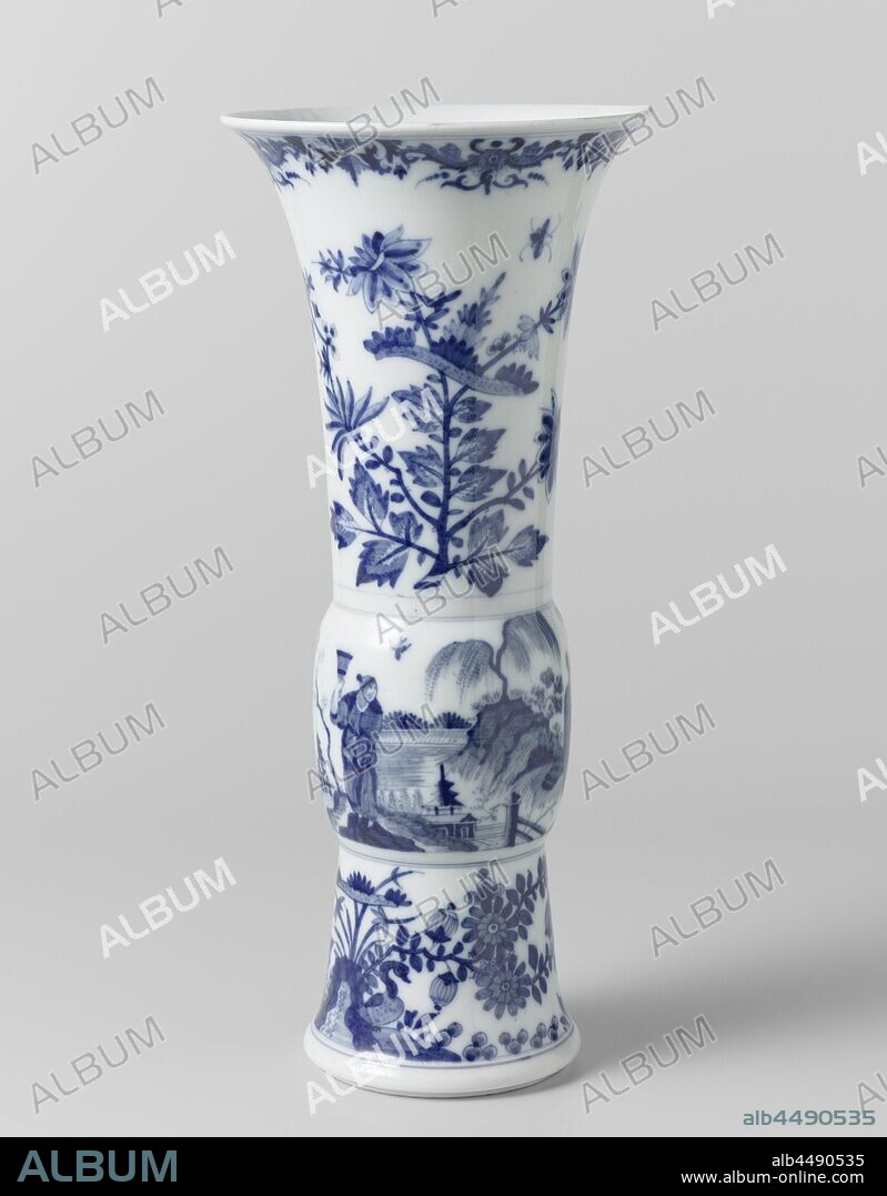 Two vases, Vase, painted in underglaze blue after Chinese example, Vase of blue painted porcelain. The vase has a profiled foot and a flat baluster just below the middle. The upper part of the vase is painted with flowering branches with a bird on one side and a caterpillar on the other. On the lower part is painted a rock with flowering branches, a caterpillar and two birds and on the baluster a rocky landscape with trees, temples and always standing and two sitting Chinese. The vase is marked., Meissener Porzellan Manufaktur, Meissen, c. 1725, porcelain (material), h 30.8 cm × d 13.7 cm.
