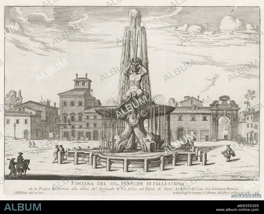 Fontana del Tritone in Piazza Barberini, Rome, Fontana del sig. Prencipe di Pallestrina (title on object), Fontane di Roma (series title), Fountains of Rome (series title), Numbered lower right: 16. The print is part of an album., print maker: Giovanni Battista Falda (mentioned on object), Giovanni Battista Falda (mentioned on object), print maker: Italy, Italy, publisher: Rome, Vaticaanstad, 1653 - 1691, paper, etching, height 212 mm × width 288 mm.