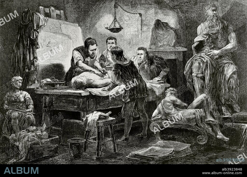 Miguel Angel (1475-1564). Artista italiano renacentista. Michelangelo Buonarroti explicando anatomia a sus discípulos. Composición del pintor barroco Georg Anton Urlab (1713-1759). Grabado. La Ilustración Española y Americana, 15 de Septiembre, 1876. Biblioteca Histórico Militar de Barcelona. Cataluña, España.