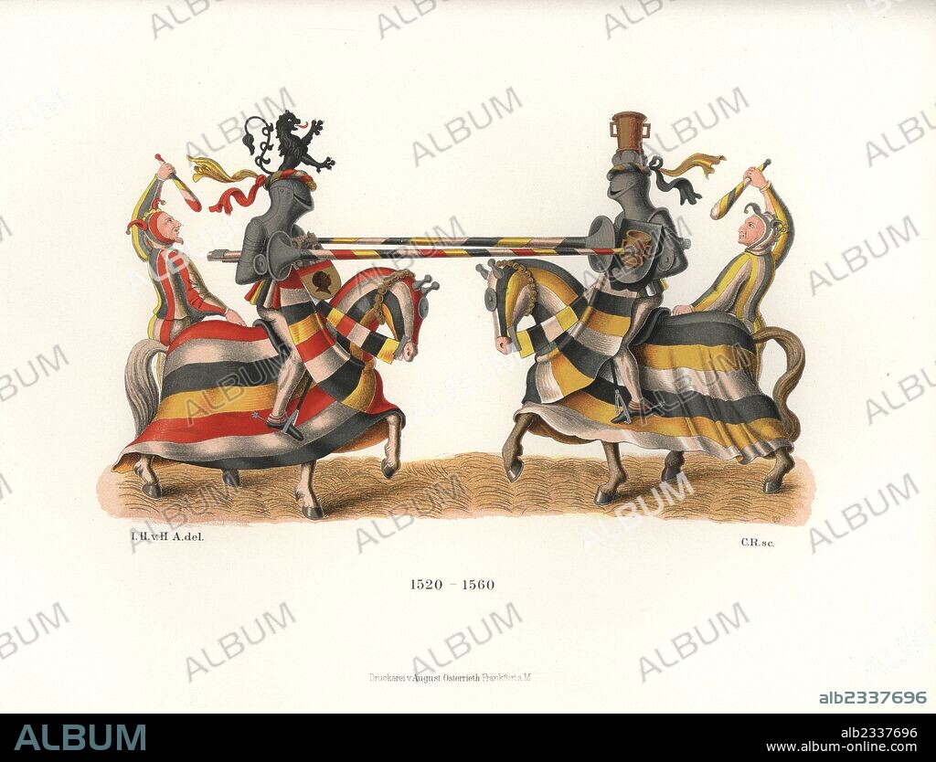 German joust, mid 16th century. Two knights in armour and caparisoned horses fight a joust called a Rennen. Sebald Geiger of Nuremburg has a helmet with lion rampant and buckler with head of a black man, while Pangratz Zollner has a two-handled tankard on his helm and shield. From a picture in a tournament book. Chromolithograph from Hefner-Alteneck's "Costumes, Artworks and Appliances from the Middle Ages to the 17th Century," Frankfurt, 1889. Illustration by Dr. Jakob Heinrich von Hefner-Alteneck, lithographed by C. Regnier. Dr. Hefner-Alteneck (1811-1903) was a German museum curator, archaeologist, art historian, illustrator and etcher.