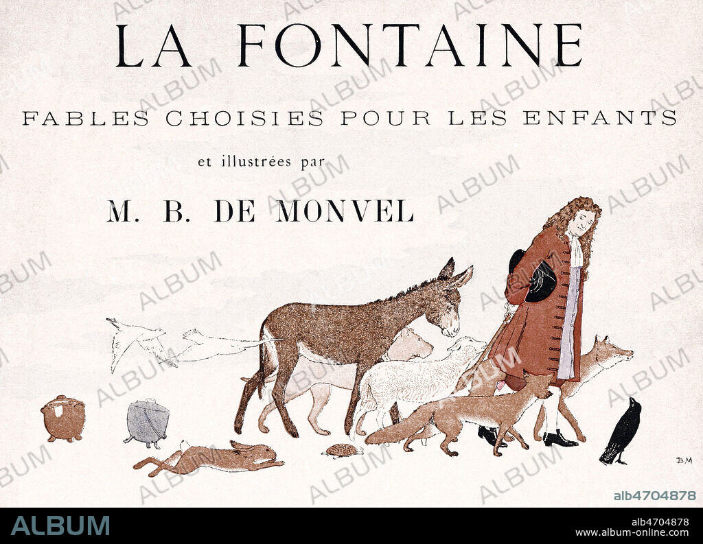 La Fontaine Fables choisies pour les Enfants. page de titre illustree en 1888 par Maurice de BOUTET de MONVEL (1851-1913) avec Jean de LA FONTAINE (1621-1695) suivi des animaux de ses fables. Credit : Collection Jonas/Kharbine-Tapabor.