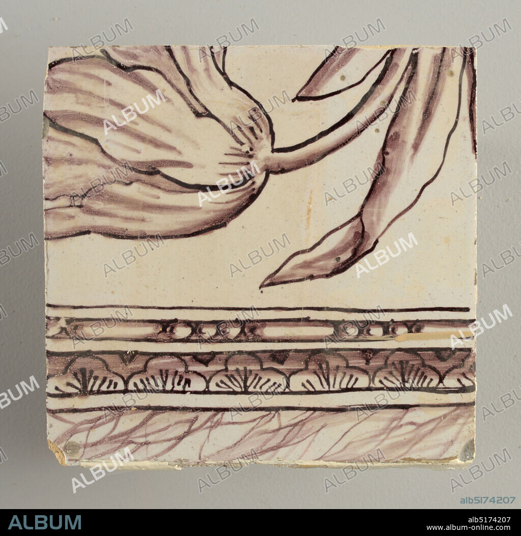 Wall facing, tin-glazed earthenware, underglaze, Two vertical rectangles, twenty-three tiles high. A) Nine tiles wide at top; seven tiles wide at bottom. B) Ten and one-half tiles wide., Arabesque design of foliage. A) with centered figure of Justice under a canopy. B) with centered urn., Possibly Delft, Netherlands, Possibly Rotterdam, Holland, ca. 1725, tiles, Decorative Arts, Wall facing.