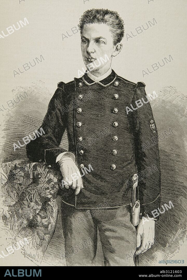 Victor Manuel III de Italia (1869-1947). Rey de Italia entre 1900-1946. Retrato. Grabado por Arturo Carretero. Almanaque de la Ilustración, año 1888.