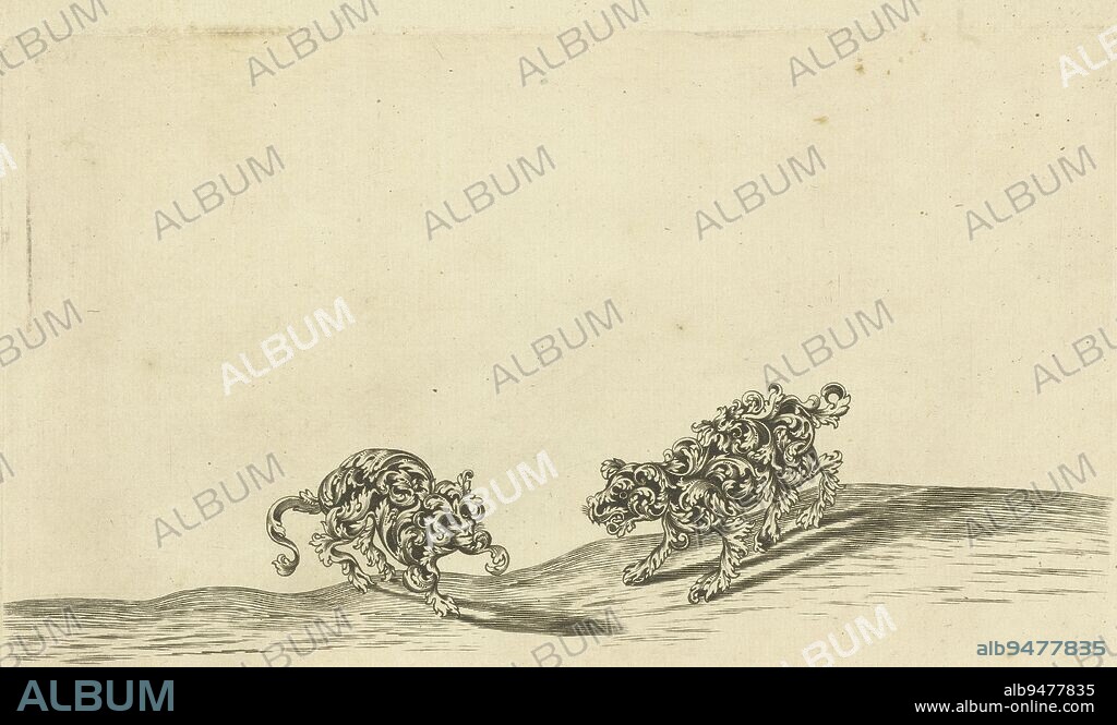 Barking dog and barking cat, Anthonie de Winter (manner of), after Wolfgang Hieronimus von Bömmel, 1698, A dog barks at a barking cat. Models for silversmithing animals and figures composed of leaf ornaments., print maker: Anthonie de Winter, (manner of), Wolfgang Hieronimus von Bömmel, publisher: Anthonie de Winter, (mentioned on object), print maker: Netherlands, Germany, (possibly), publisher: Amsterdam, 1698, paper, engraving, h 148 mm × w 209 mm.
