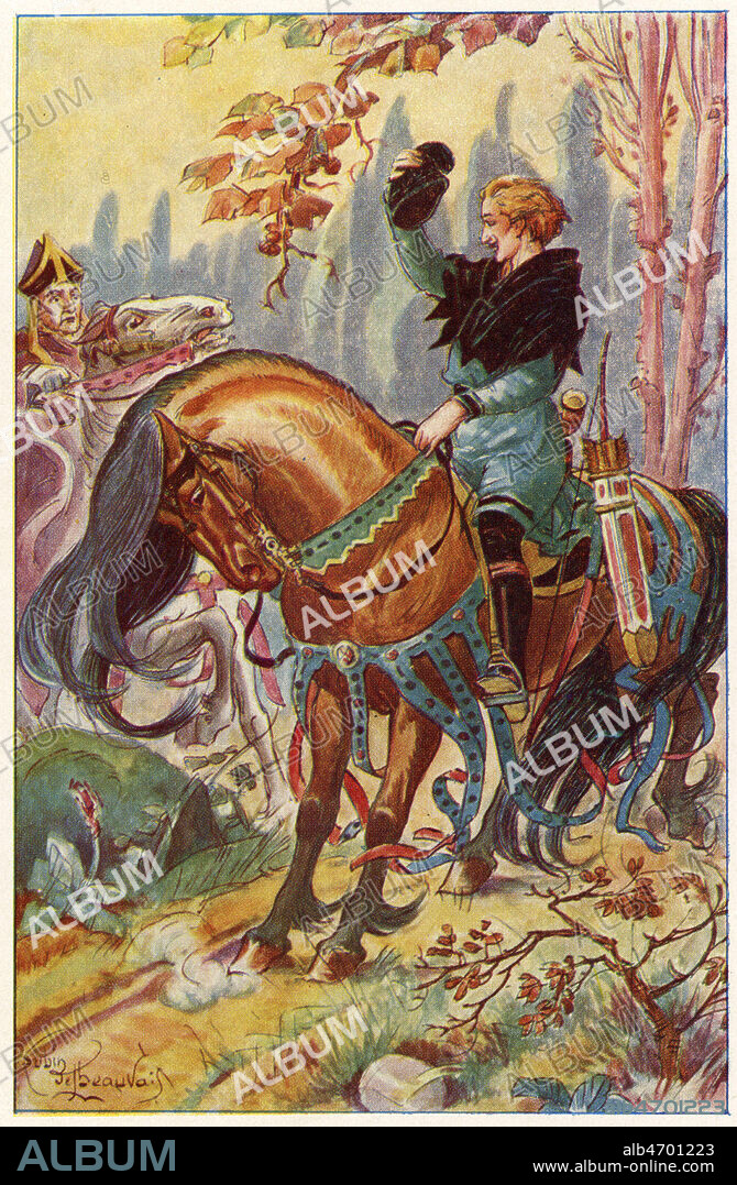 Non, monseigneur l'eveque, dit Robin otant son chapeau, vous ne pouvez pas vous en aller. Illustration vers 1910 par B. LUBIN de BEAUVAIS (19-20 s.) pour Robin des Bois. Credit : Collection KHARBINE-TAPABOR.