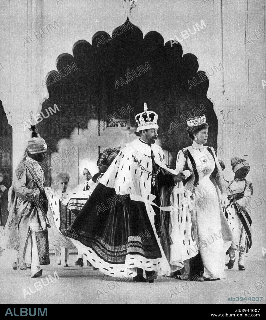 George V and Queen Mary in Delhi, India, 1911, (1935). The King and Queen travelled to India to attend the Delhi Durbar, held to celebrate their coronation. A print from King Emperor's Jubilee, 1910-1935, by FGH Salusbury, Daily Express Publications, London, 1935.