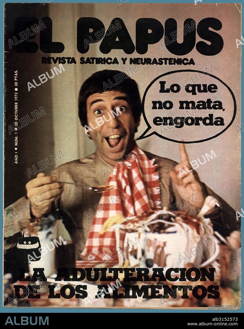 Revista satírica El Papus, número uno, editada en Barcelona, octubre de 1973. En portada, Joe Rigoli (1936-2015), actor cómico argentino.