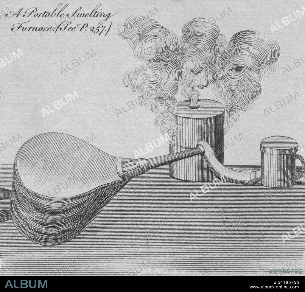 'A Portable Smelting Furnace', 1761. Diagram of small furnace and bellows. From "The Gentleman's Magazine".