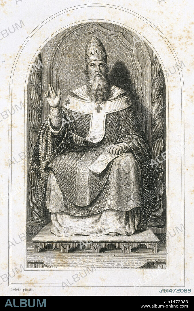 LEON III (¿? -816). Papa italiano entre los años 795 y 816. Depuesto por la nobleza romana, fue ayudado por Carlomagno, a quien coronó como emperador. Grabado del siglo XIX.