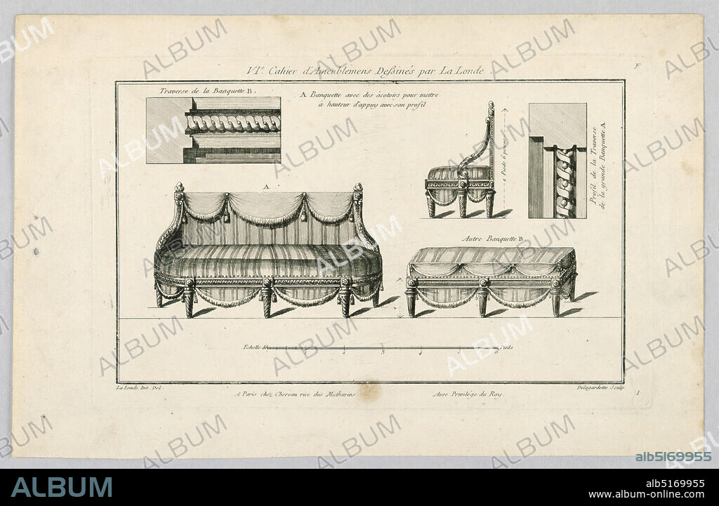 Bench with Arm Rests, Pierre Claude Delagardette, French, 1745 - 1792, Richard de Lalonde, French, active 178096, Engraving and etching on paper, Europe, France, 18th century, Print, Print.