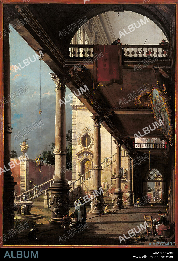 Perspective with Portico, by Giovanni Antonio Canal known as Canaletto, 1765, 18th Century, oil on canvas, cm 130 x 92. Italy, Veneto, Venice, Accademia Art Galleries, inv. 463. All. View perspective portico colonnade balcony carpet balustrade small figures palace building staircase courtyard fountain light shade. Authorization required for non editorial use.