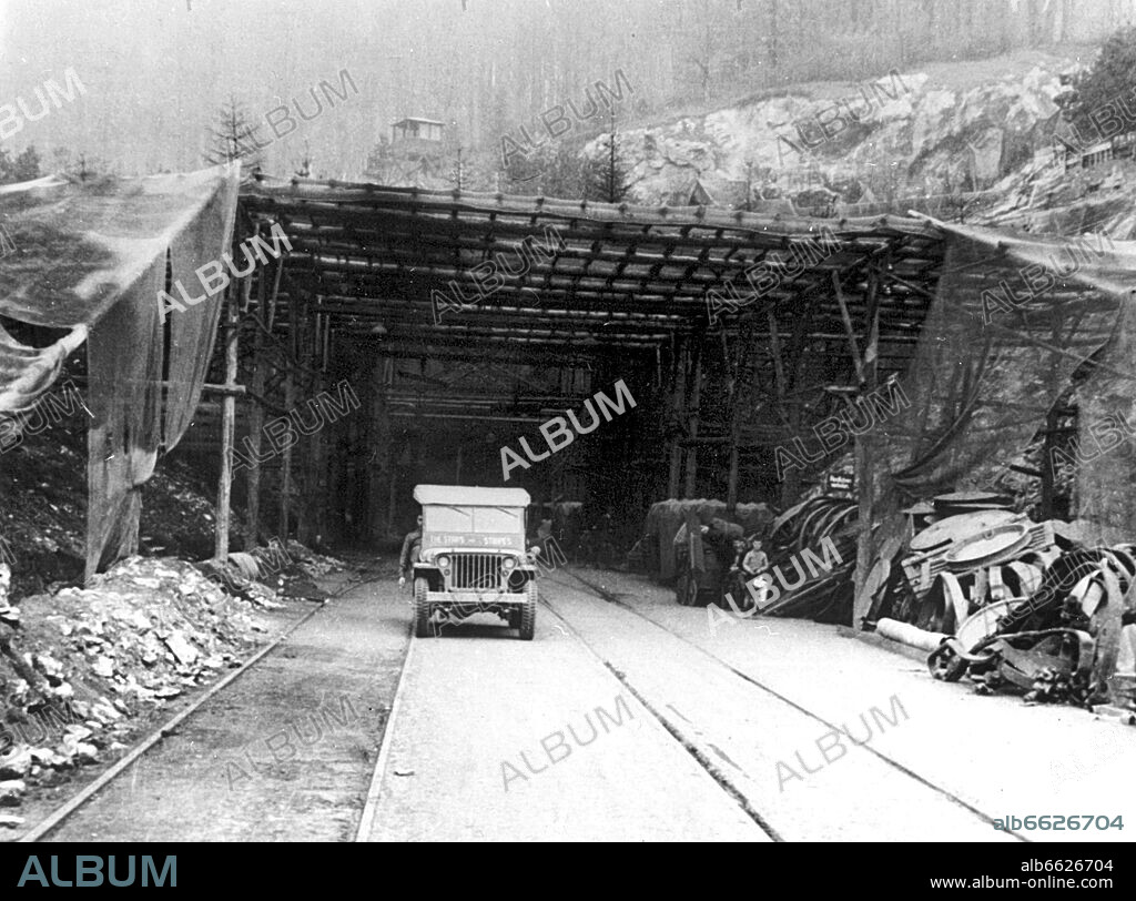 Entrance of the underground V2 factory in the Kohnstein mountain near Nordhausen, Thuringia. Picture probably from 1944. 1944